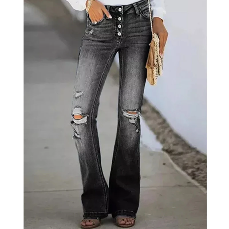Mom Jeans Women Ankle Length Flare Pants Denim Washing Pockets High Waist Y2k Streetwear Button Distressed Slim Zipper 2025
