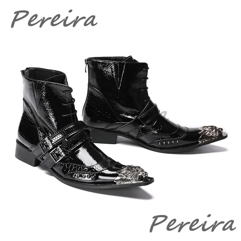 Men Metal Pointed Toe Patent Leather Chelsea Boots Belt Buckle Strap Lace-Up Low Heel Short Boots Fashion Party Dress Shoes