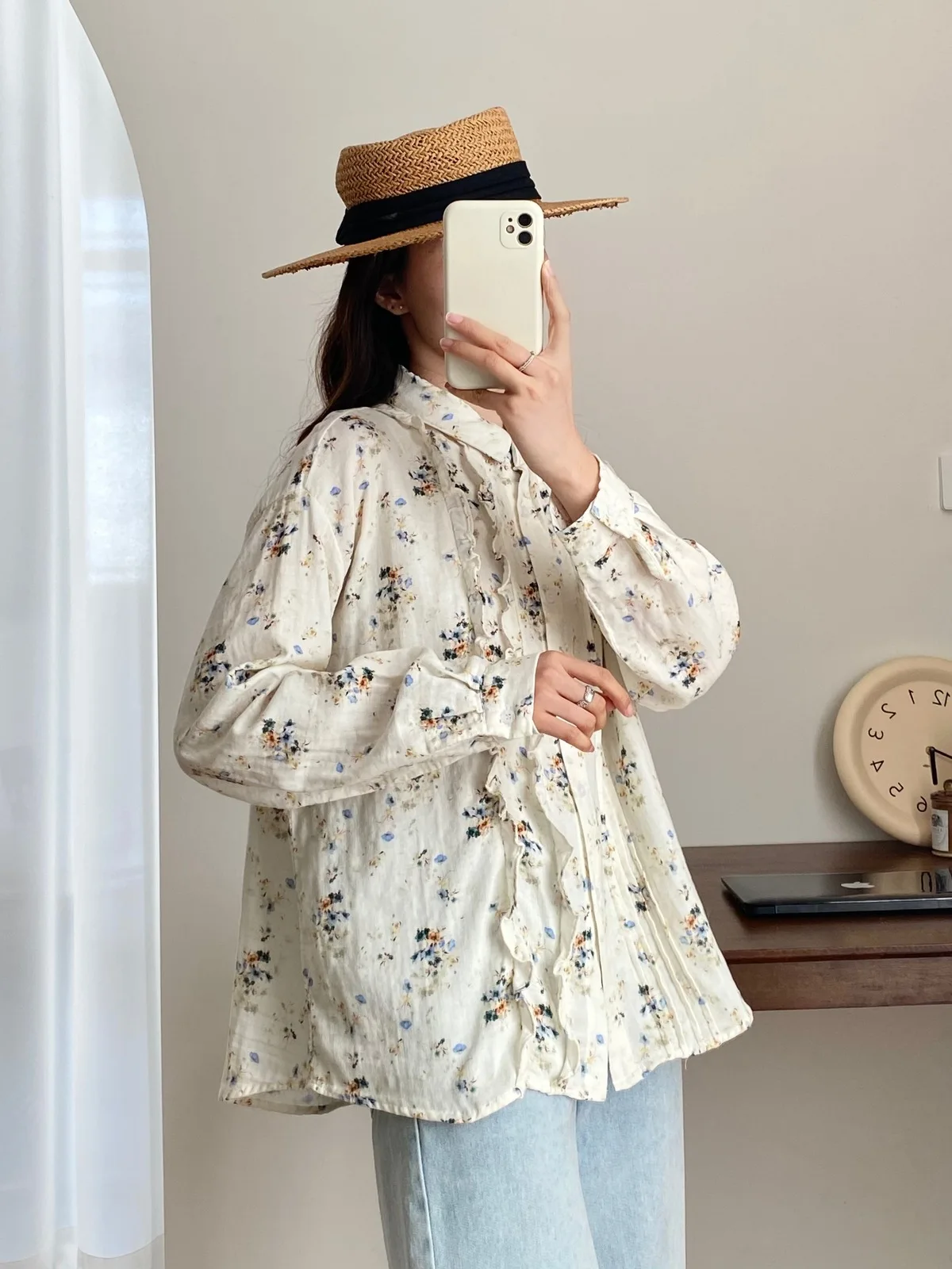 New Autumn Cotton Shirt Women Lapel Floral Print Folds Top Girl Long Sleeve Loose Sweet Casual Blouse Retro 2024 Spring T41815QM