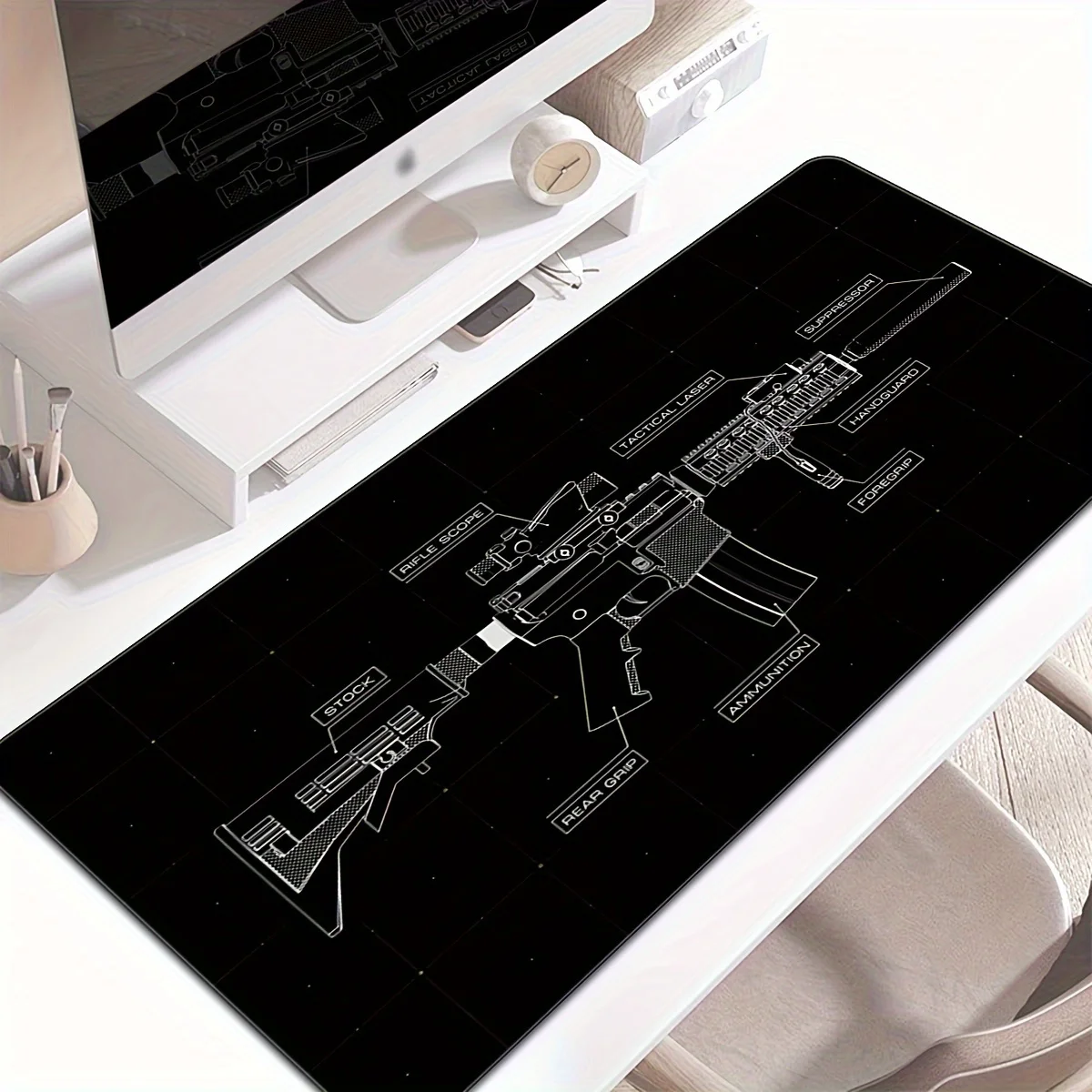 Gun Technical Line Drawings Large Size Anti-slip Rubber Mouse Pad Computer Gaming Accessories Keyboard Desktop Decorations Mat