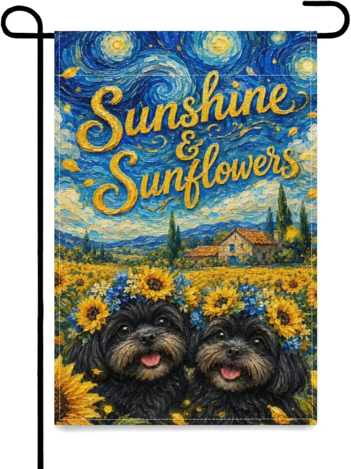 Cute Fun Black Shih Tzu Dog Summer Sunflower Welcome Garden Flag 12x18 Inch,Oil Painting Floral Wreath Outdoor Yard Decor,Bl kkz