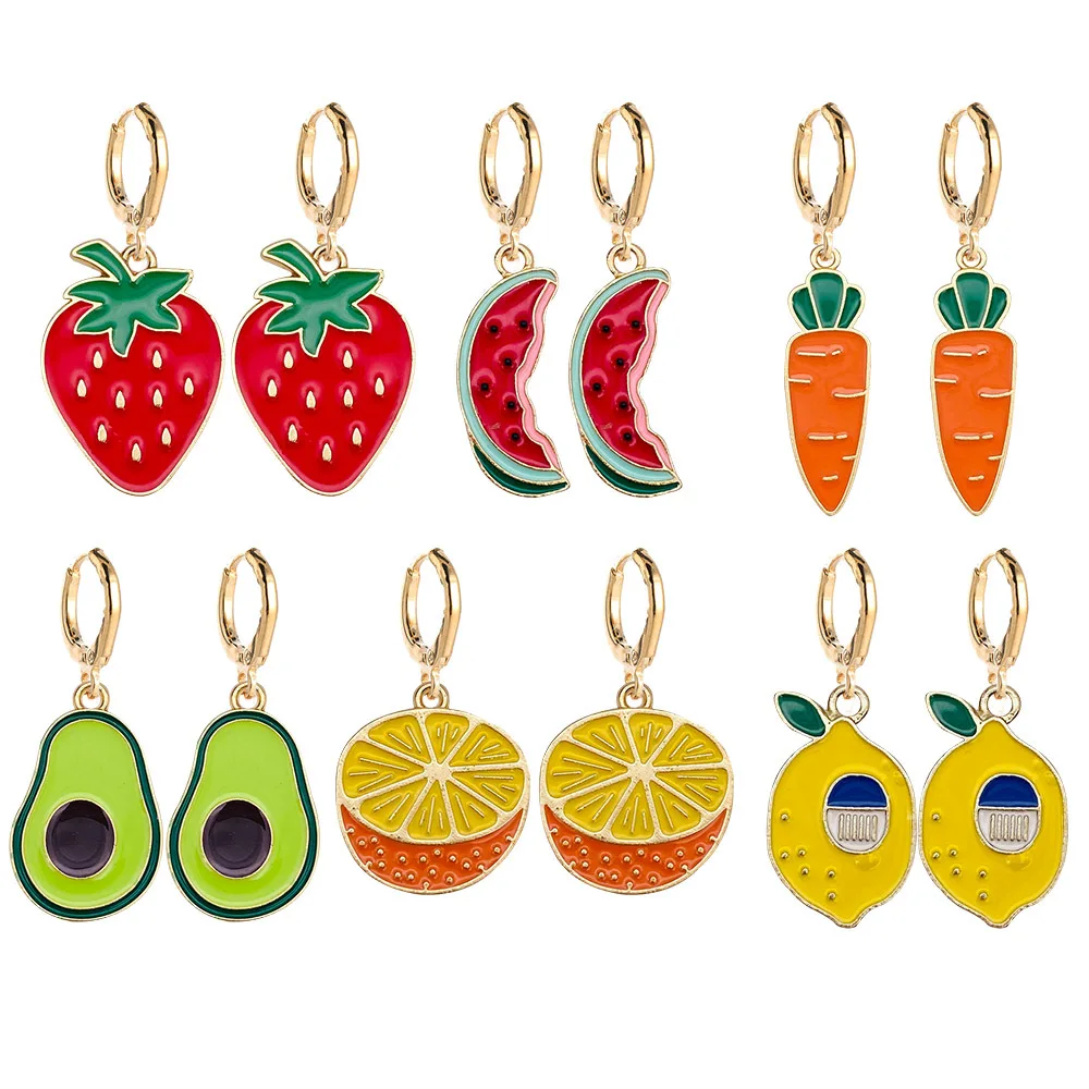 New Fashion Fruit Earrings Lemon Avocado Strawberry Watermelon Orange  Alloy Oil Dropping Pendant Earrings for Women Jewelry