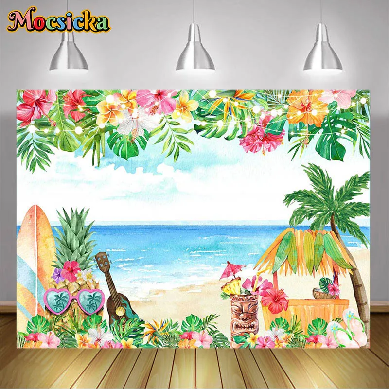 Hawaii Beach Party Decor Backgrounds Coconut Tree Flowers Guitar Pineapple Decoration Prop Newborn Photo Photography Backgrounds