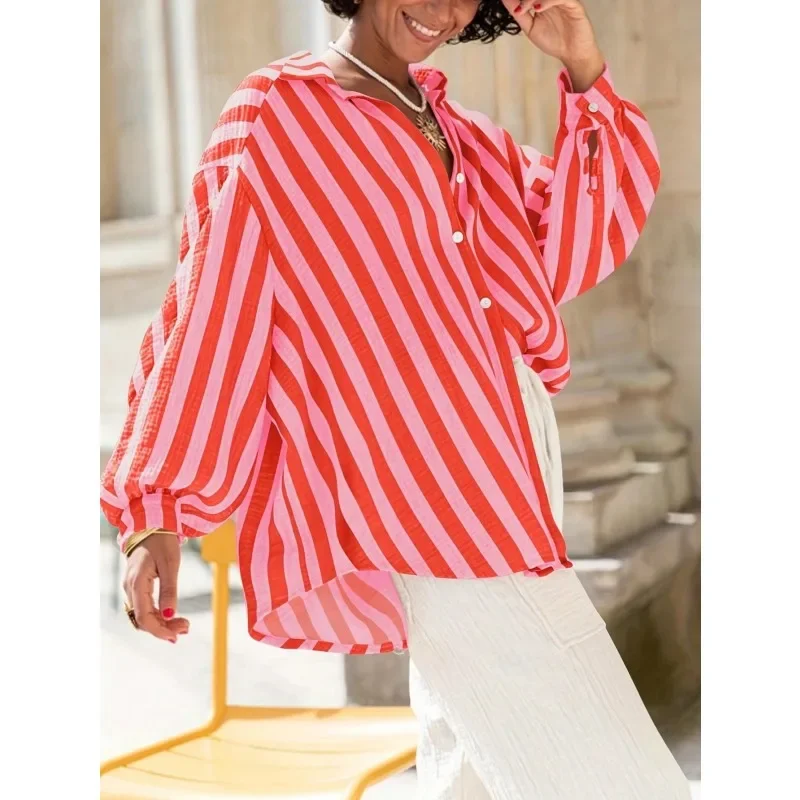 

Plus Size 1XL-5XL Summer Women Turn-down Collar Shirt Vertical Striped Long Sleeve Lady Casual Blouse Top