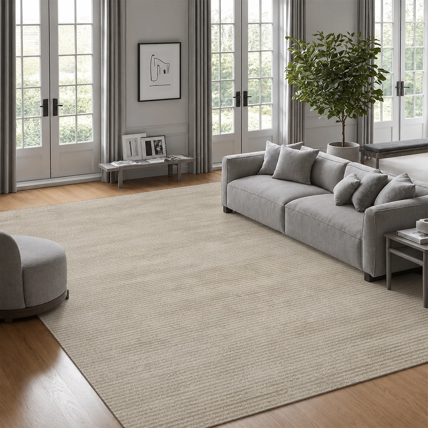 Large Indoor Area Rug Soft Velvet Low Pile with Non-slip Dotted Backing, Machine Washable Subtle Striped Neutral Beige Floor Rug for Living Room, Bedroom, Entryway