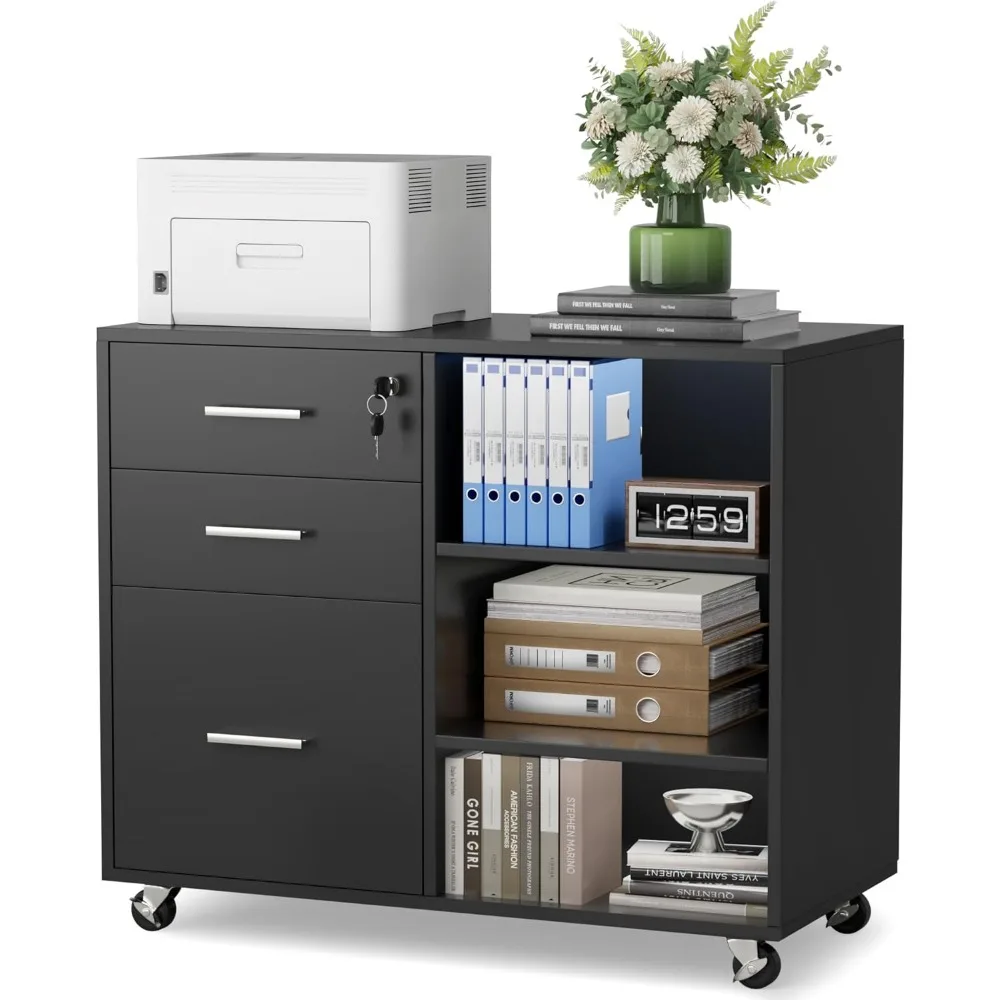 

3 Drawer Mobile File Cabinet, Wood Lateral Filing Cabinet with 4 Wheels & Adjustable Shelves, Printer Stand Storage Organizer f
