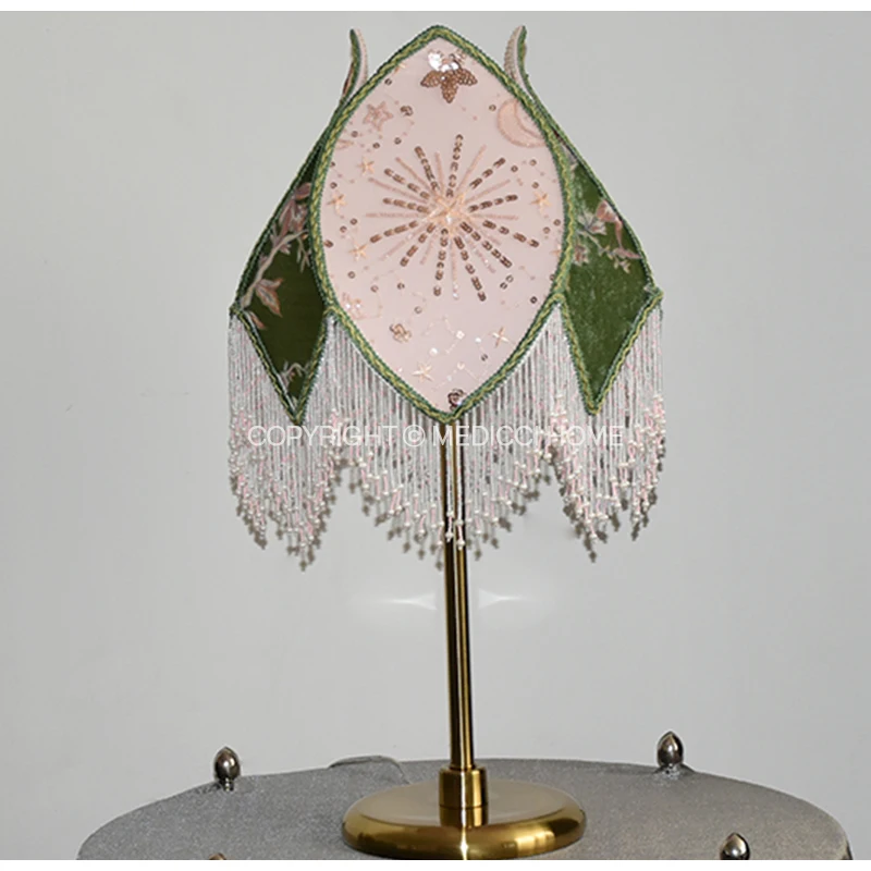 Medicci Home American Idyllic Green Lily Floral Lampshade Handmade Retro Velvet Sequins Decorative Lamp Cover For Dressing Table