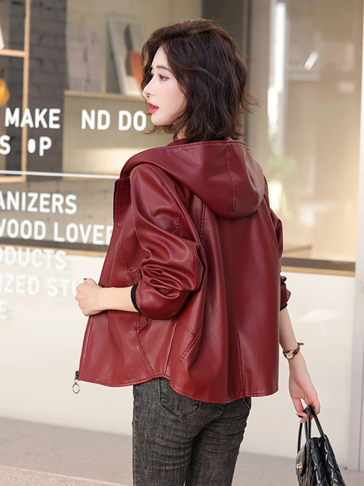   Ning 本革ジャケット女性の ort sle 2025 新作春秋カジュアルフード付きシープスキンコートルーズアウター