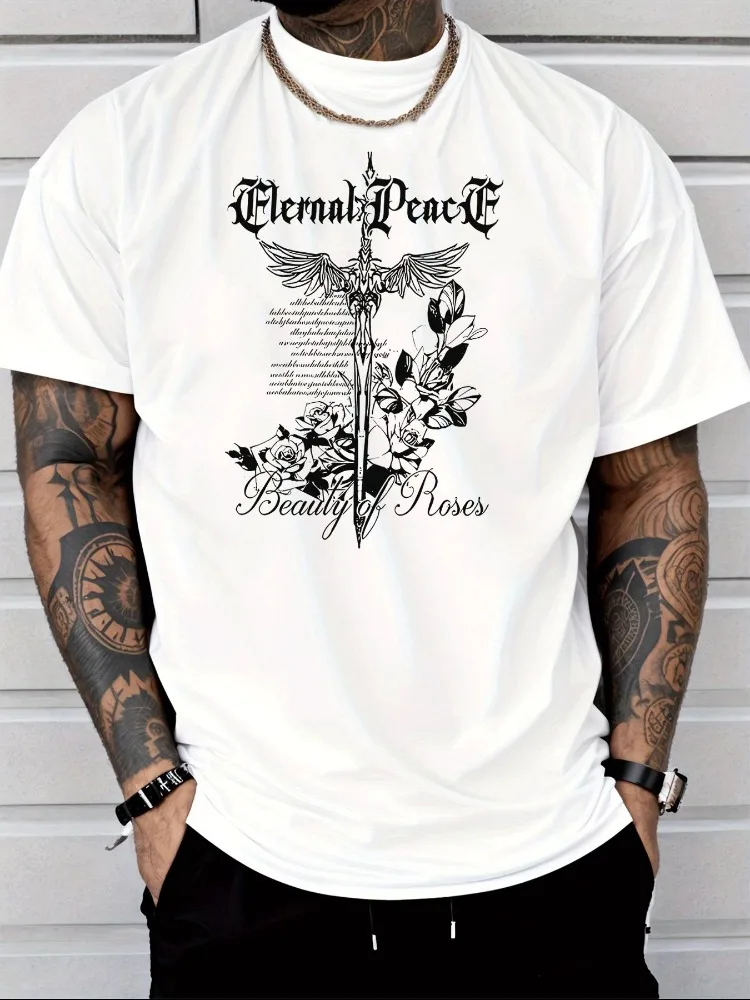 Men Summer Cotton Short Sleeve T Shirt Eternal Peace Winged Sword Rose Goth Print Crew Neck Dark Vintage Street Fashion Male Tee
