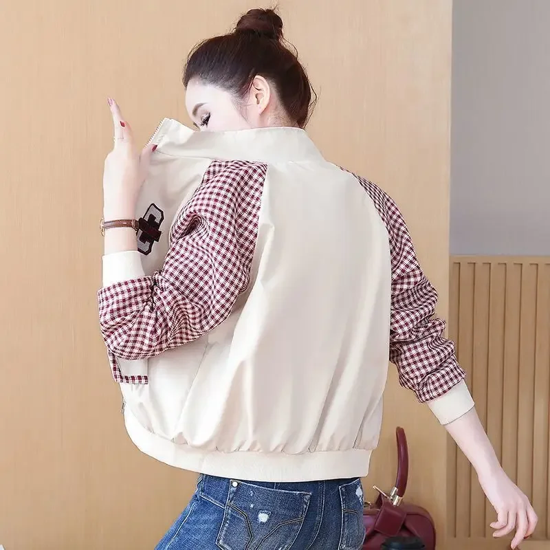 

​Casual Oversized Short Jacket 2025 Checkered Baseball Coat for Spring Autumn with Zipper Closure​