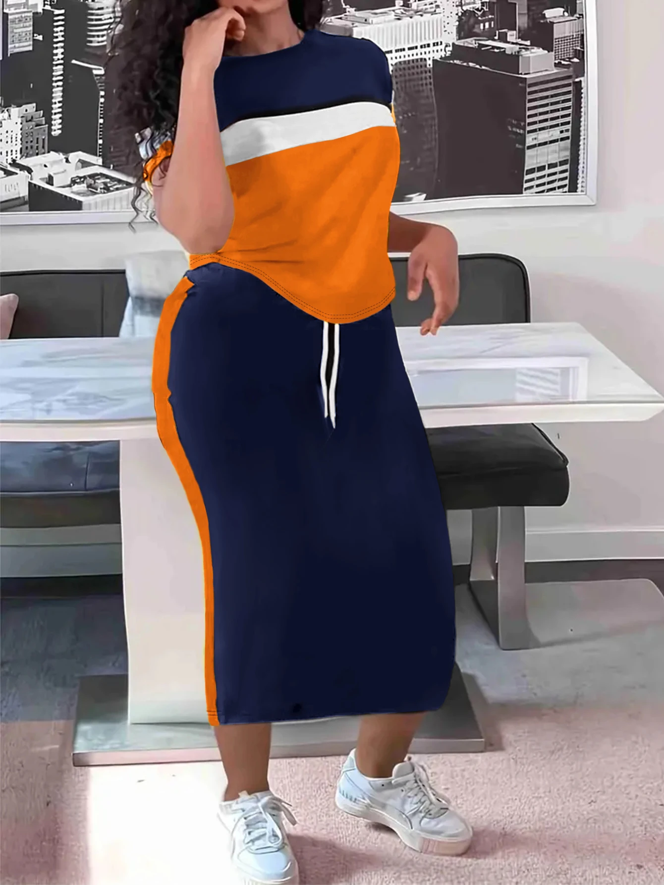 

Fashion Comfortable and versatile two-piece set color blocking splicing casual set -