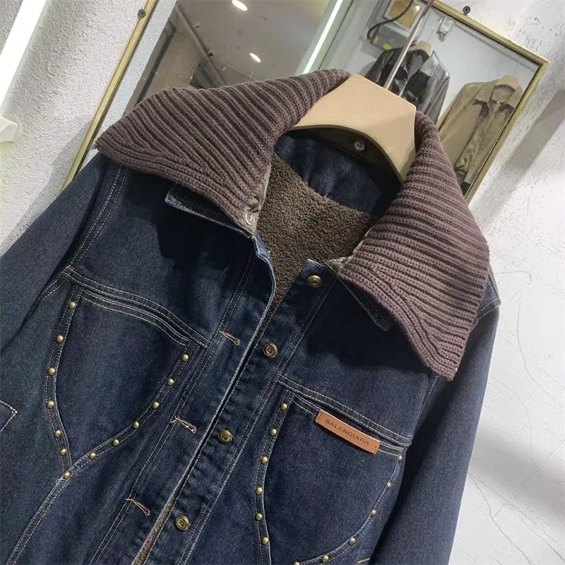 New Womens Knitted Collar Fake Two Denim Jacket Winter Plus Fleece Warm Parker Outerwear Female Cold Motorcycle Jacket Blue Tide