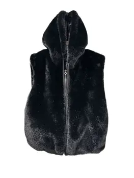 Image Korean Style Female Students Hooded Fur Coats Sleeveless Loose Casual Zipper Fly Faux Fur Vest with Hat Young Lady Fur Jackets