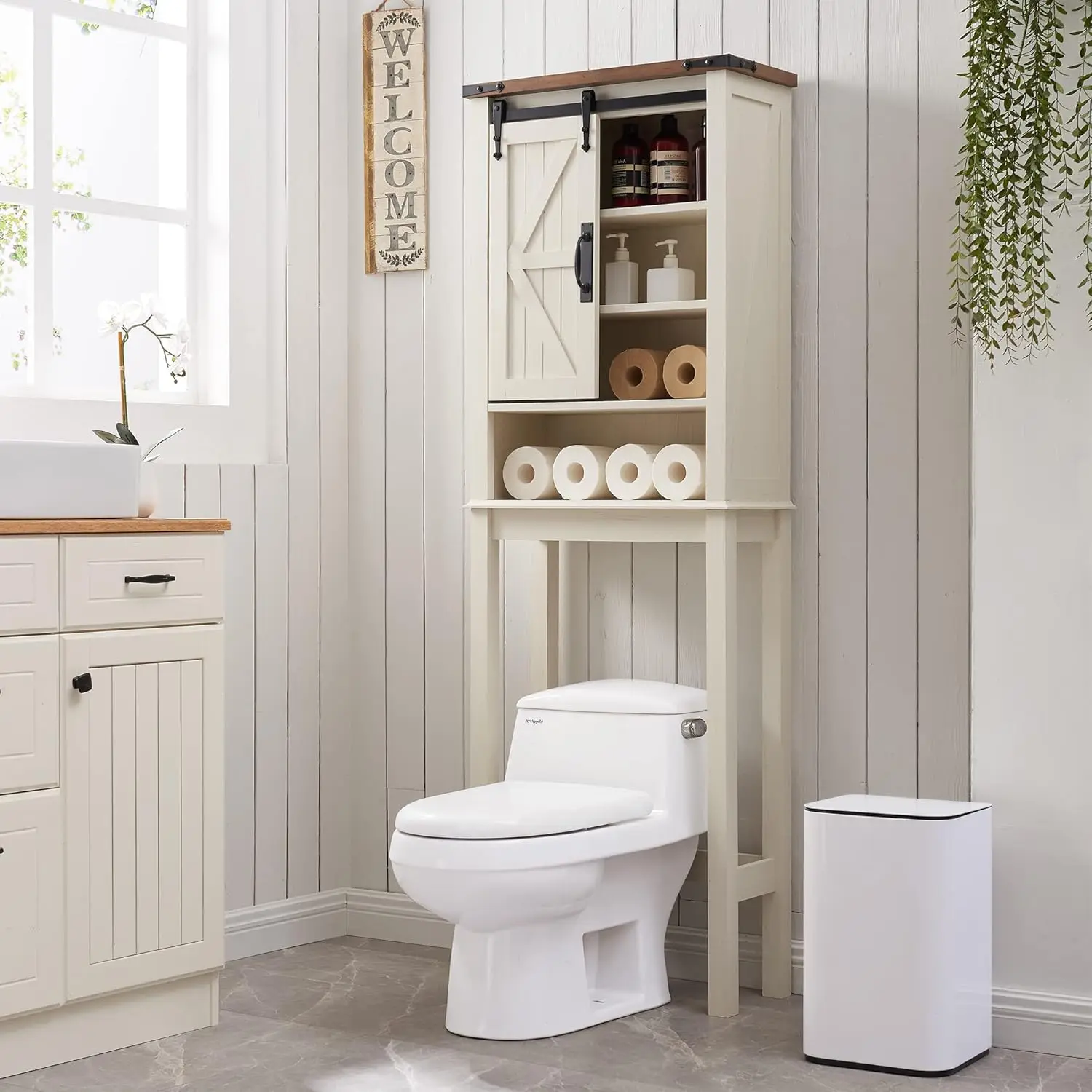 

Over The Toilet Storage Cabinet, Farmhouse Storage Cabinet Over Toilet with Sliding Barn Door & Adjustable Shelves