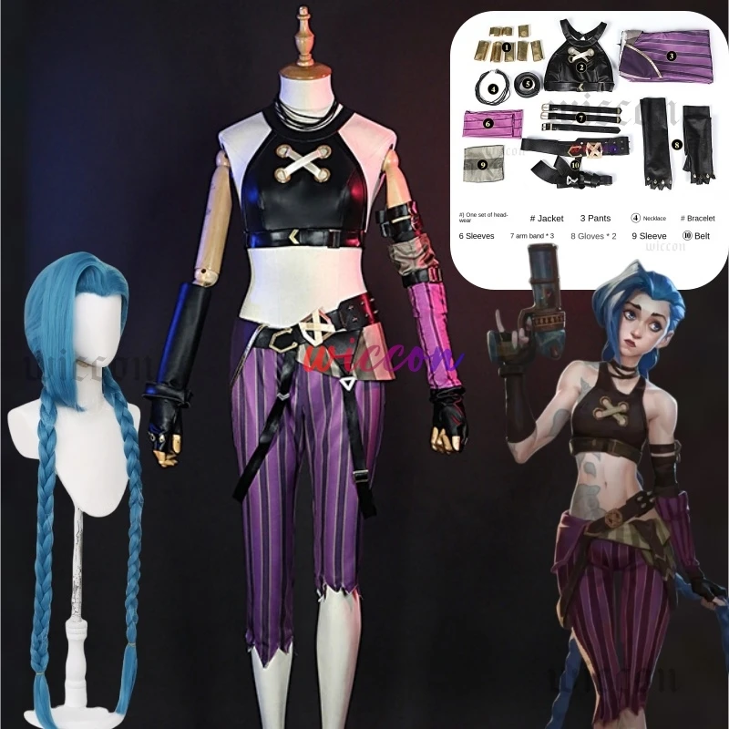 

Hot New Anime Arcane Crit Loli Jinx Cosplay Costume 130cm Wig ShoesHeadwear Game LOL Loose Cannon Cosplay Women Sexy Outfit