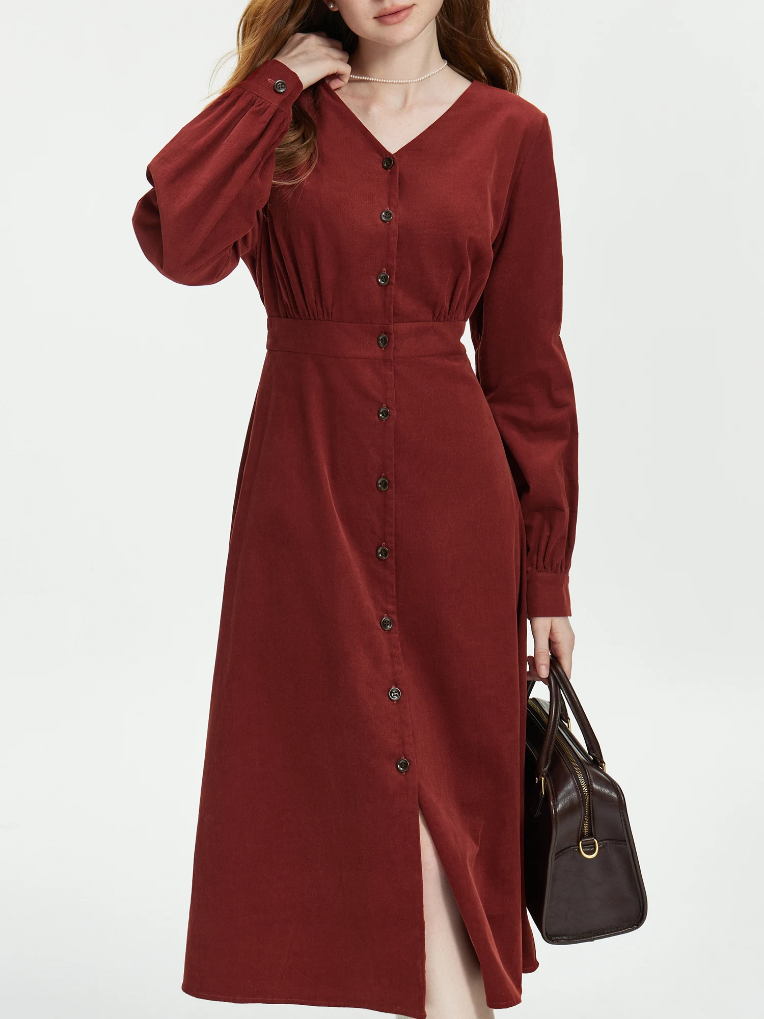 FSLE Women Long Sleeve V-Neck Dress Single Breasted Back Sashes Design Female Retro Red Dress 100% Cotton Khaki Dress 24FS14418