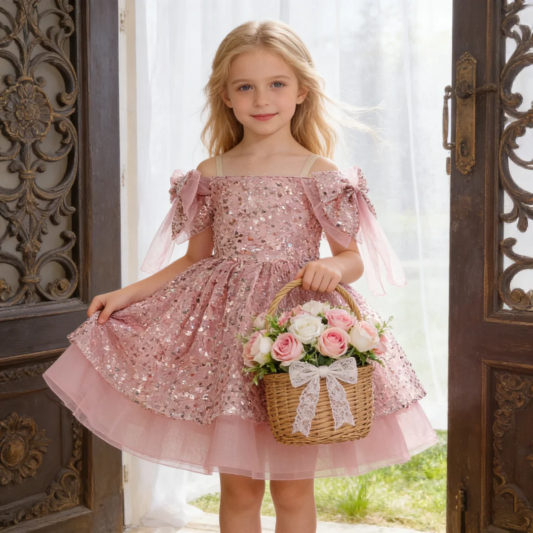 

Little girl piano host performance costume fashion sequined bow puffy princess dress birthday party