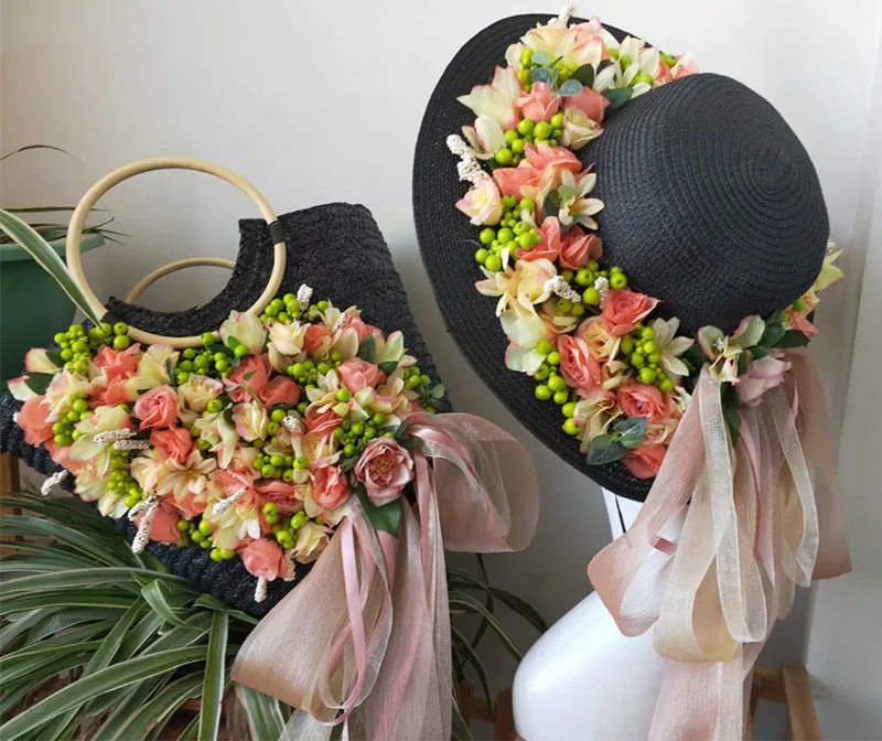 Female with flower straw hat, sunshade, sunscreen, breathable eaves, tourism, ethnic style, characteristic straw weaving