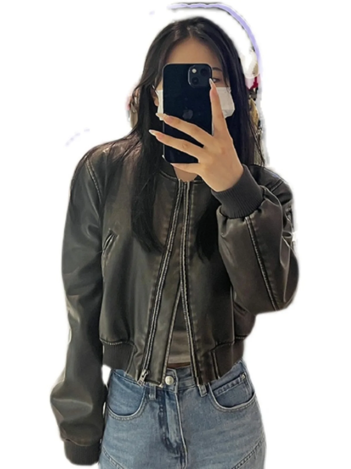 Bla ort rétro en cuir PU Jaet pilote manteau femme petite taille printemps automne rue Sle longue fermeture à glissière Sve