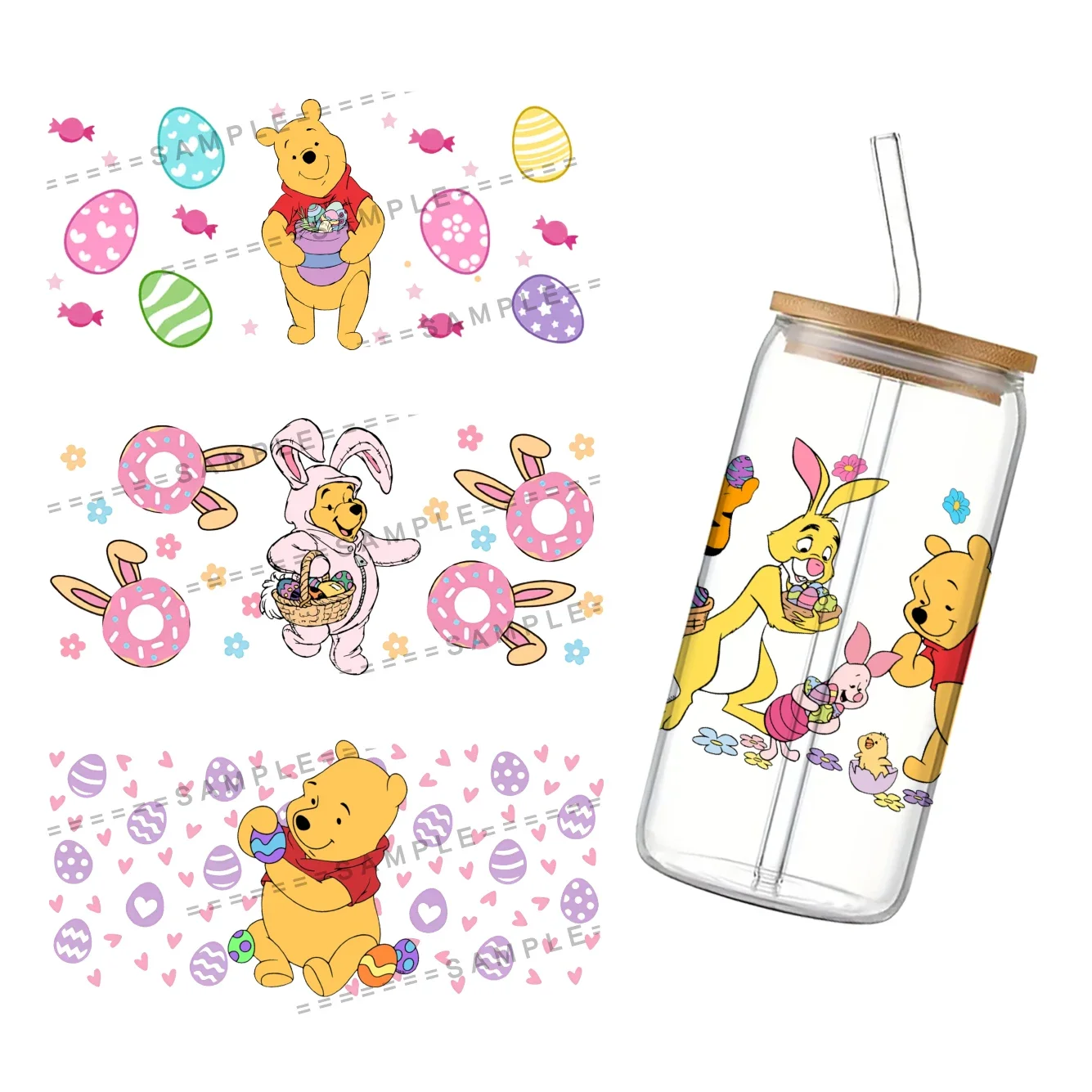 Pasqua Disney Winnie Bear 3D impermeabile UV DTF Cup Wrap per 16Oz Libbey Glass Can adesivo di trasferimento fai da te