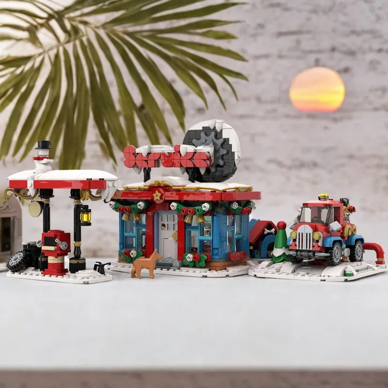 

Набор зимней служебной станции из 1227 предметов с газовым насосом, буксирным грузовиком и снегоочистителем, креативными рождественскими тематическими строительными блоками