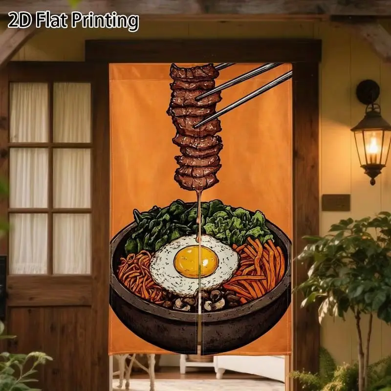 VIKAMA Korean Kitchen Curtain Cartoon Printed Stone Pot Bibimbap Skewers Privacy Divider Curtain Polyester Cozy Home Decor