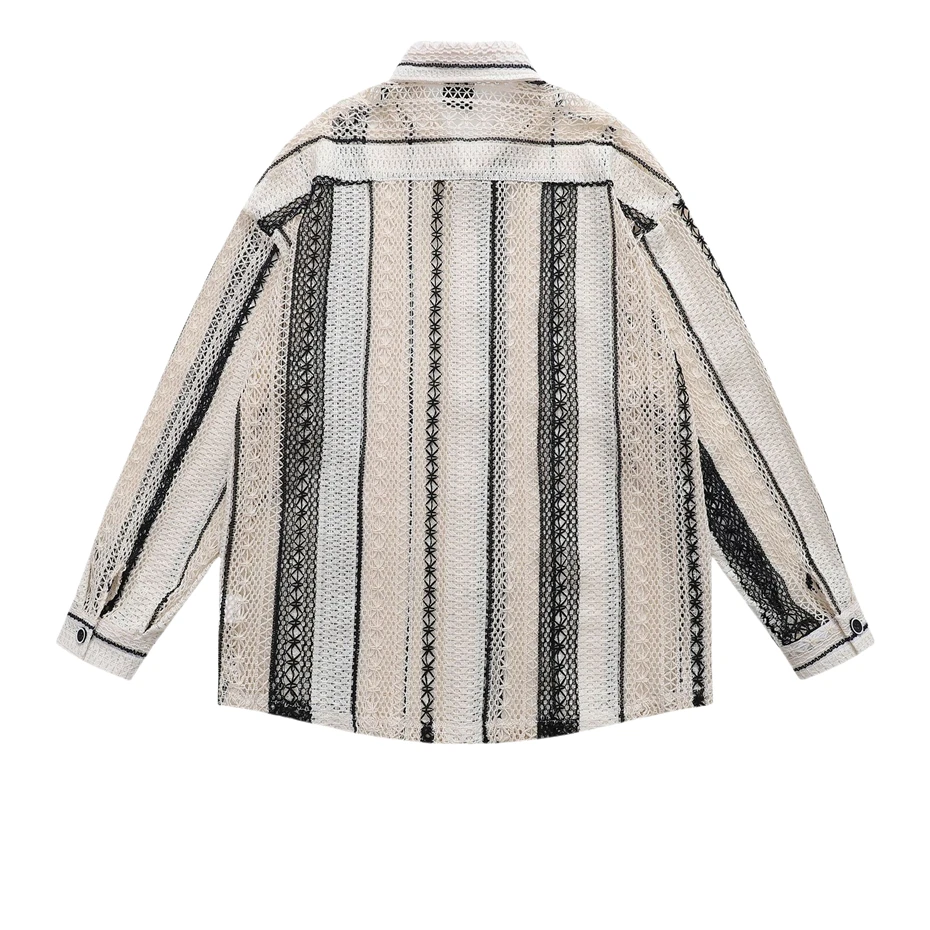 Vintage Hollow Striped Shirt Men Streetwear Harajuku Long Sleeve Shirt for Men Oversized Summer New Casual Blouse Coats Male