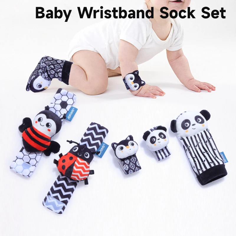 

0-12 Months Newborn Cartoon Plush Socks Wrist Strap Rattles Toys Early Educational Sensory Make Sounds Games Toys Four-piece Set