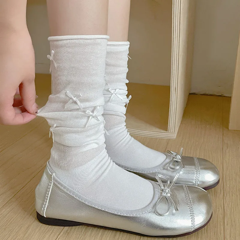 Laid-back Girl Butterfly Knot Turn-down Socks Women Summer Thin Mesh Breathable for Mary Jane Shoes Stack Socks