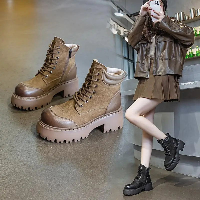 

Warm Fleece Lined Thick Heel Boots with Side Zipper Knight Style Boots Leather Material round Toe Winter Boots