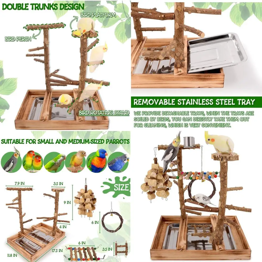 

Игровая площадка для птиц — подставка для птичьего окуня из натурального дерева со съемным подносом и 2 чашками из нержавеющей стали