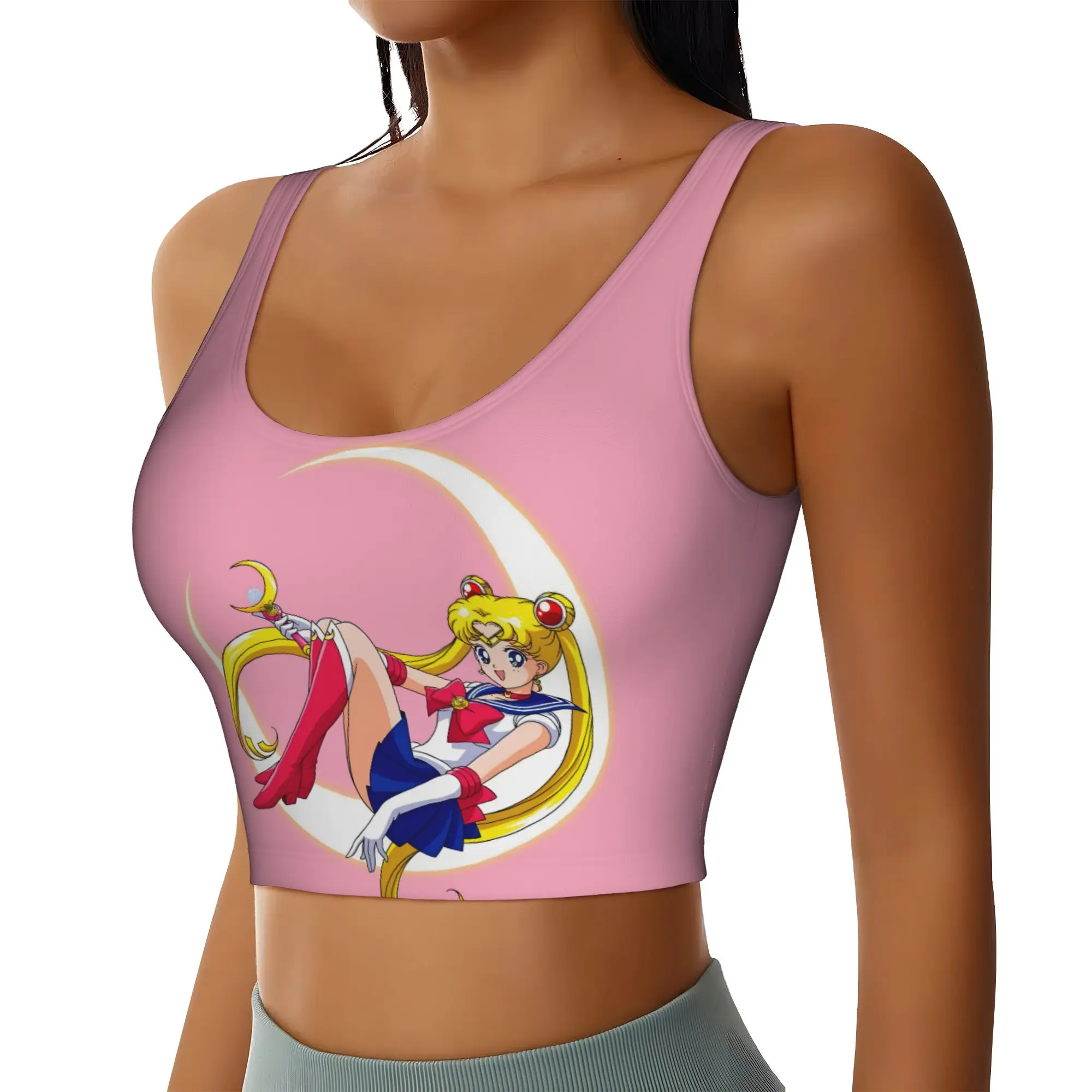 Custom Women's Sailors Anime Moons Sports Bra Usagi Tsukino High Impact Gym Workout Yoga Crop Tank Tops