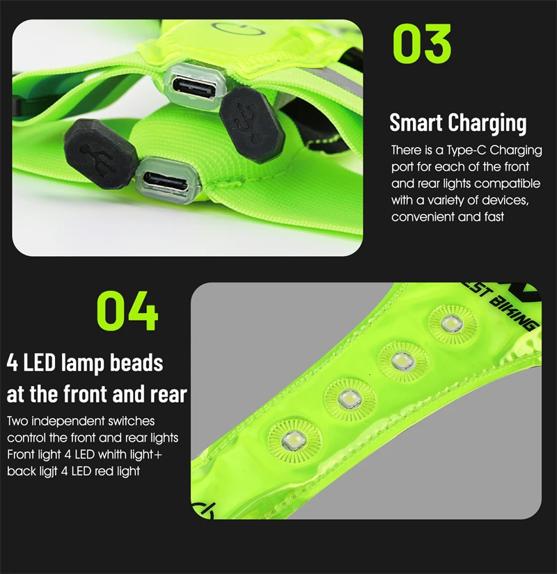 WEST BIKING Reflektierende LED-Lichtweste, USB-Aufladbar, 3 Modi Einstellbar, Nachtlauf- und Fahrrad-Sicherheitsausrüstung für Männer und Frauen – Detail 14