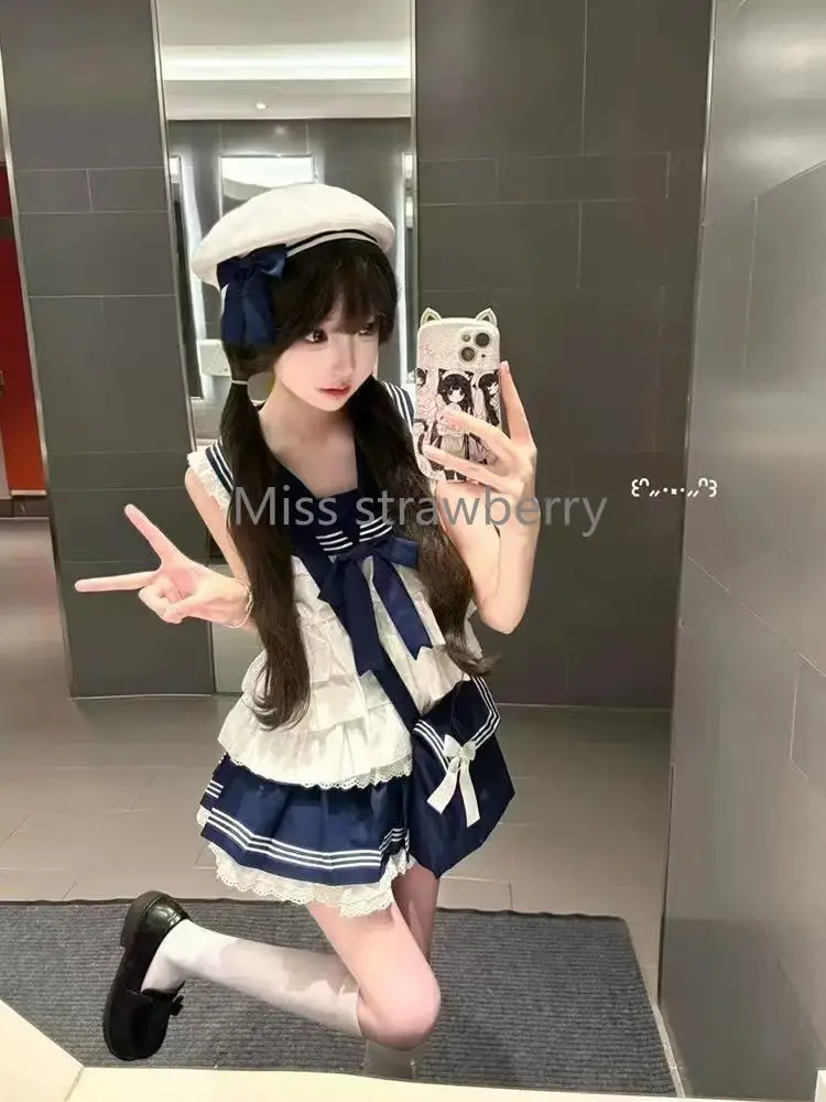 Preppy สไตล์ใหม่แฟชั่นหลวม 2 ชิ้นชุดผู้หญิงฤดูร้อน 2025 แขนกุด Ruffle ชุดกะลาสีหญิงลูกไม้เอวสูงกระโปรงสั้น