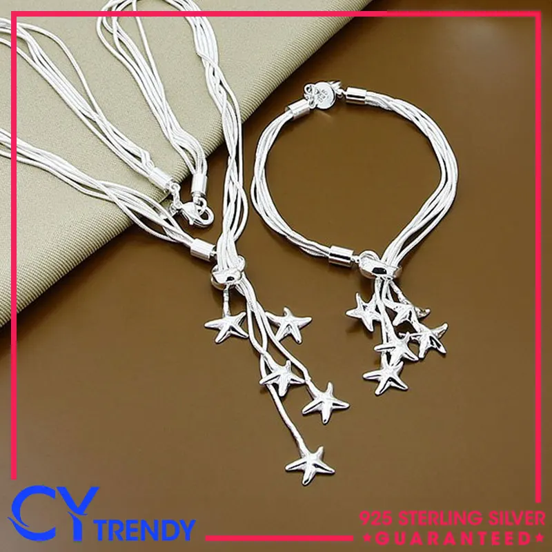 925 Sterling Silver Multilayer Star Style Women Necklaces Bracelets Fashion Jewelry Set