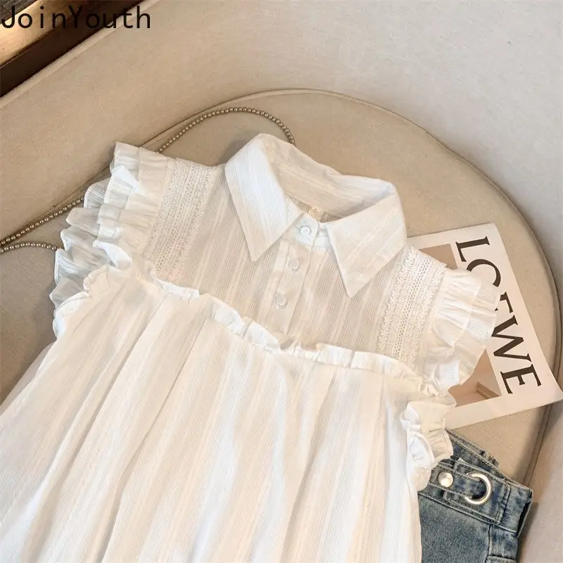 Summer Blouse Women Sleeveless Sweet Ruffles White Shirts 2024 Blusas Mujer De Moda Korean Fashion Loose Vintage Blouses Tops