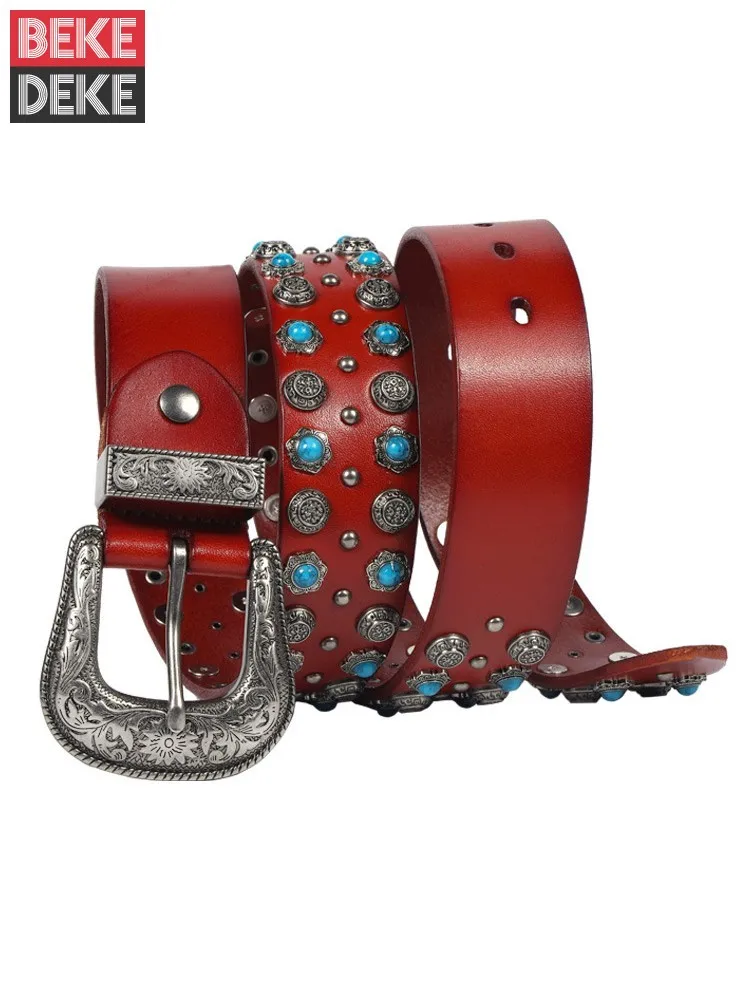 

Fashion Men Diamonds Rivets Cowhide Genuine Leather Belt Long Vintage Ethnic Style Floral Unisex Female Punk Belt