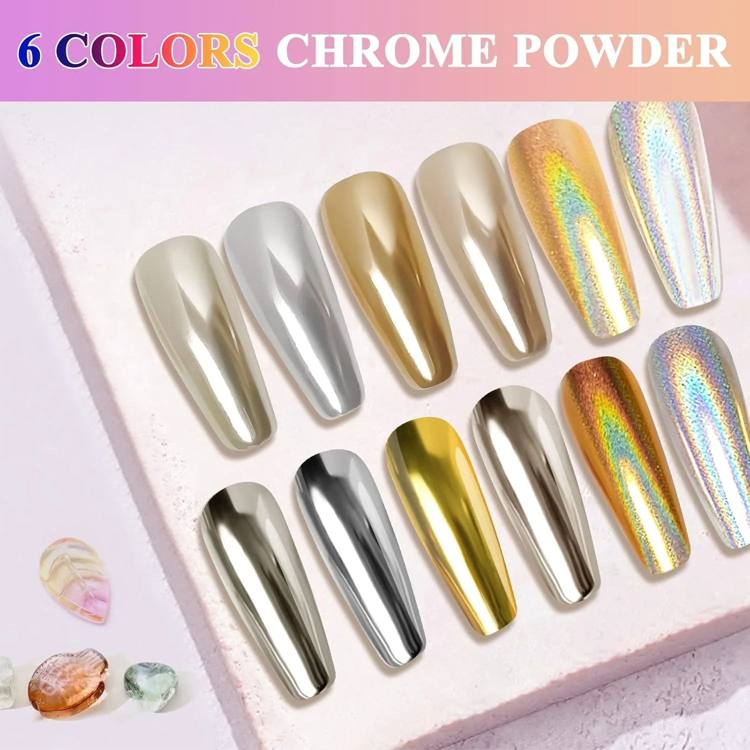Poudre à ongles chromée or argent 6 couleurs holographique MirrorPigment Champagne paillettes poussière avec applicateur pour manucure Nail Art bricolage