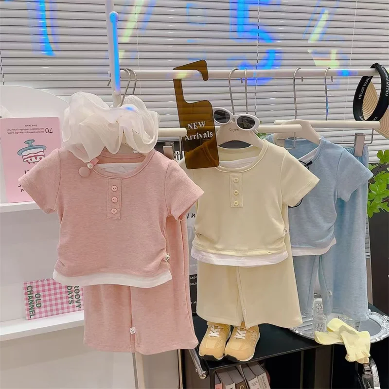 Baby Summer Sets Girls Tops Suit Children Short-Sleeved T-Shirt Trousers 2 Piece New Kids Solid Sweet Clothes Outfit 12M-12 Year