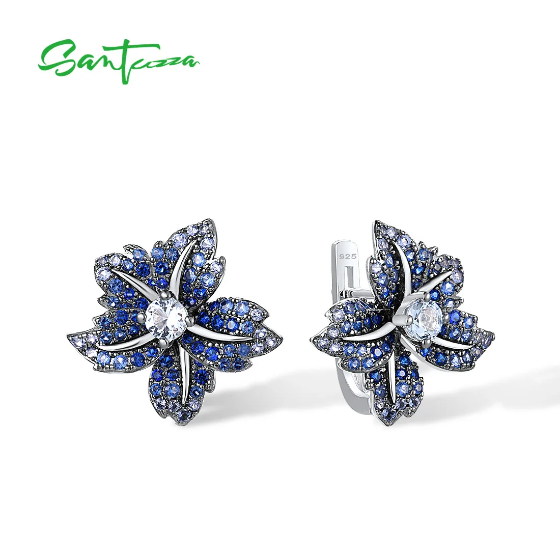 SANTUZZA Pure 925 Sterling Silver Earrings For Women Sparkling Blue Pink Stone Lily Flower Latch Back Luxury Party Fine Jewelry