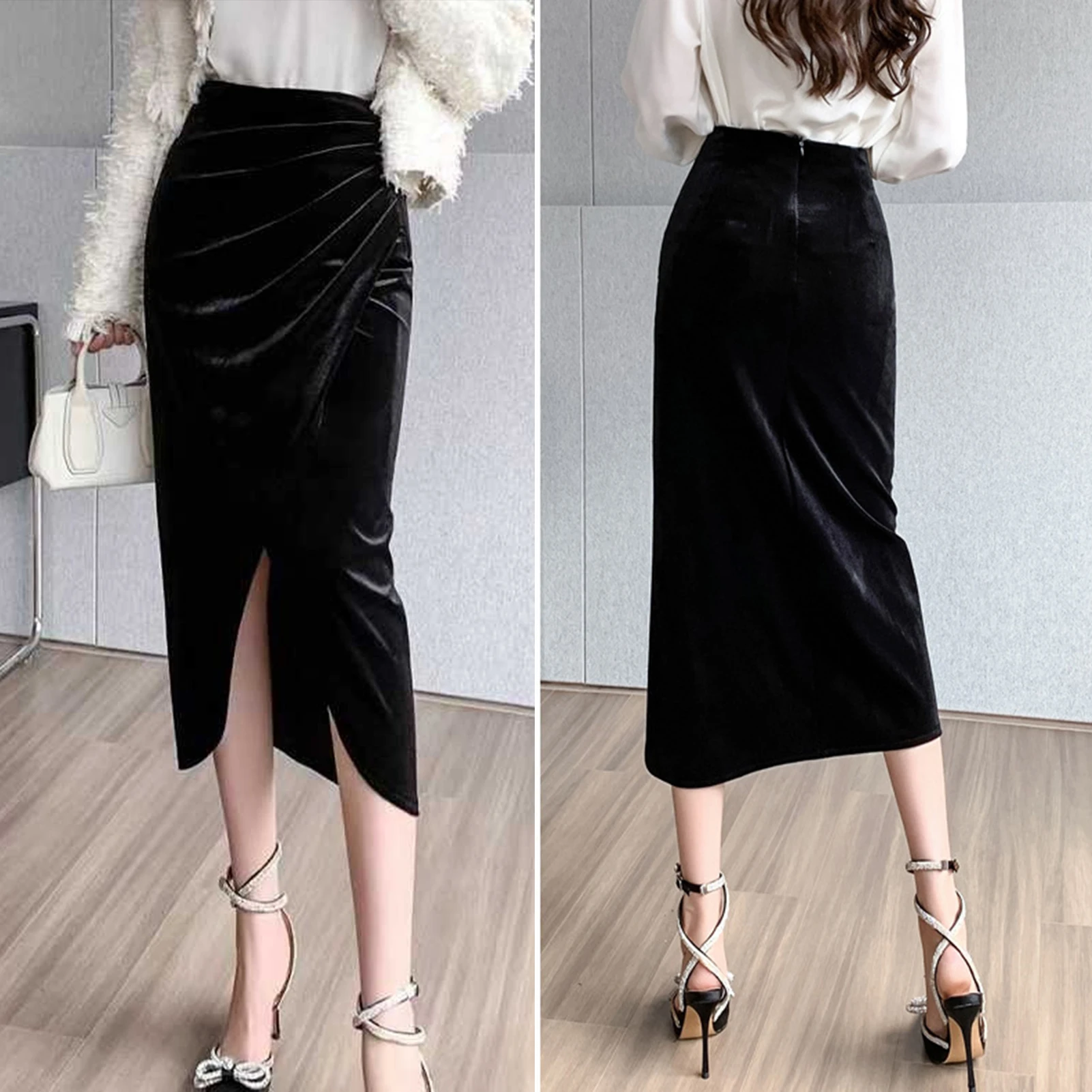 2024 Vintage Skirts Women Autumn High Waist Party Skirt Golden Velvet Skirt Female Maxi Long Skirts Design Leg-shaping Fashion W