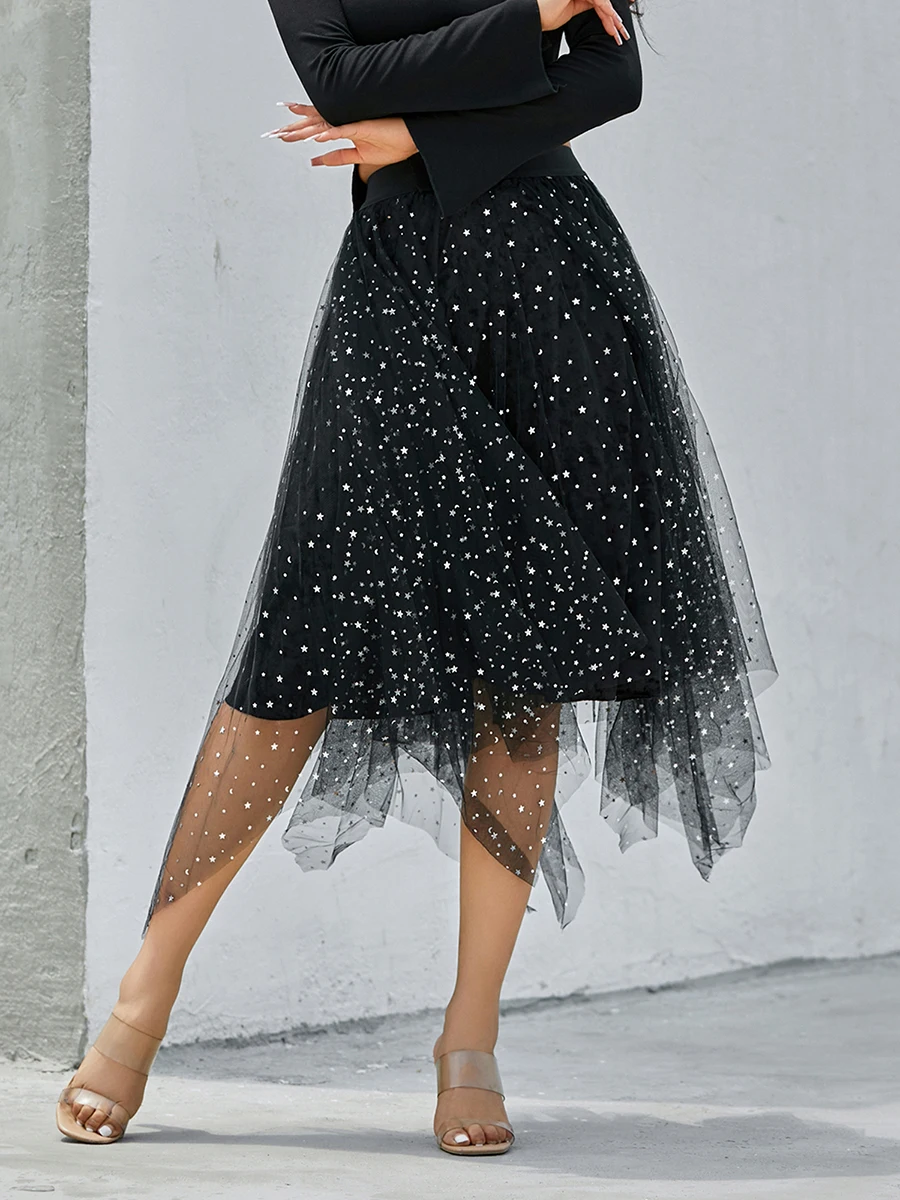 

Women Sparkle Sequin Tulle Tutu Skirts Elastic High Waist Layered Mesh A Line Midi Skirt Party Night Out Skirts