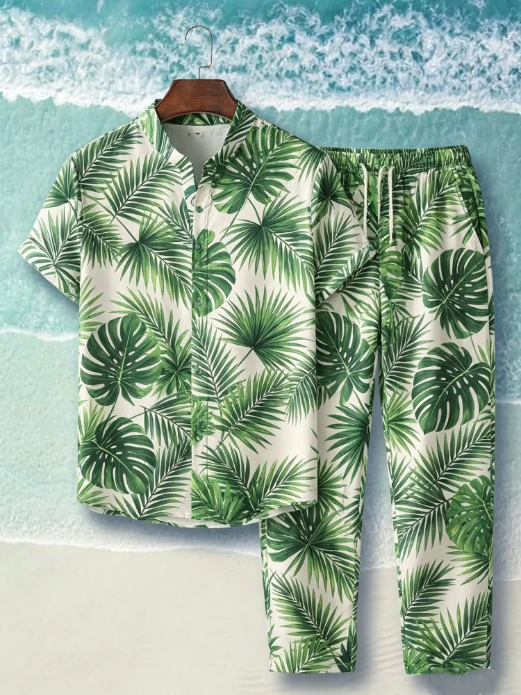 

Men Stand Collar Tropical Green Palm Leaf Print Short Sleeve Shirt And Drawstring Long Pants Two Piece Beach Outfit Set