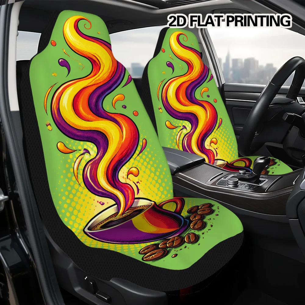 Impression plate 2D, 2 housses de siège de voiture à thème Coffee Bliss, pliables et durables, ajustement universel pour la plupart des véhicules, excellentes.