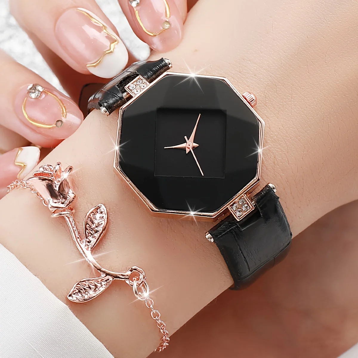 Montre Polygone avec Bracelet en Cuir PU et Or Rose pour Femme, Montre à Quartz Décontractée, Ensemble de 2 Pièces