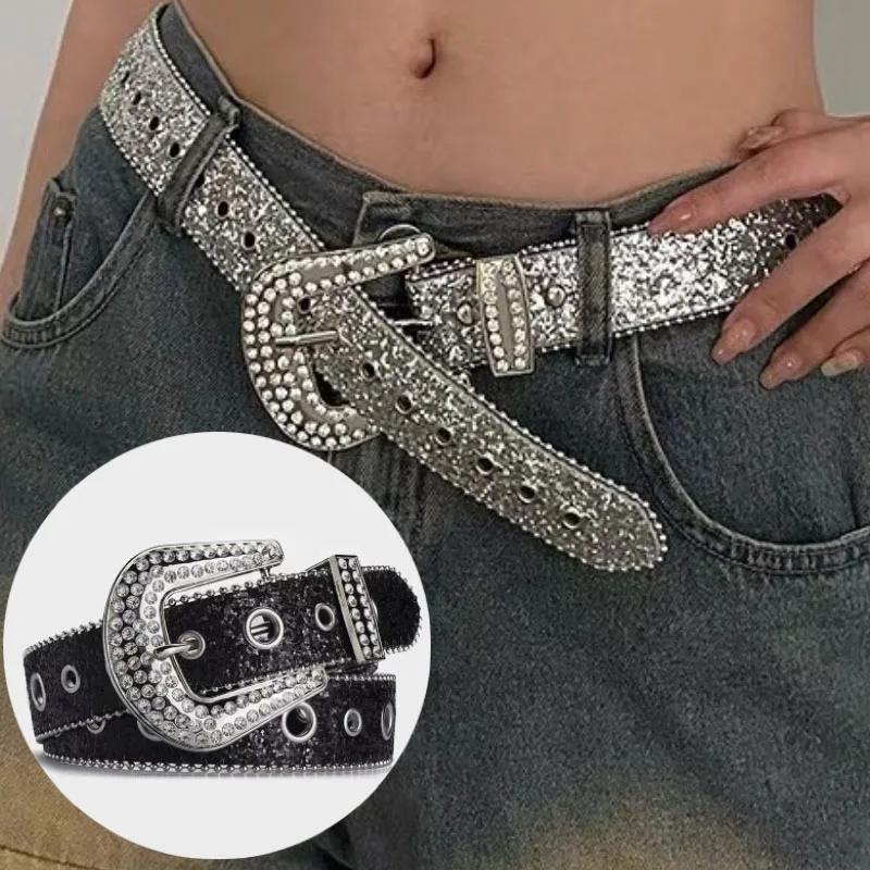 Full Rhinestone Belts For Women Men Fashion Diamond Bling PU Metal Buckle Pin Waist Belt Leisure Dress Jeans Wild Waistband