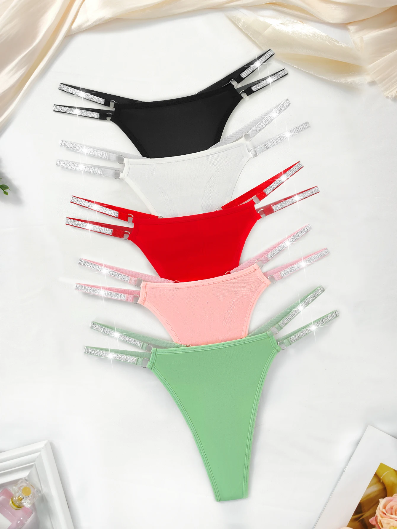 5pcs/Set Women G-string Low Waist Sexy Panties Female Thongs Comfortable Breathable Solid Two Shiny Belts Intimate Lingerie Set