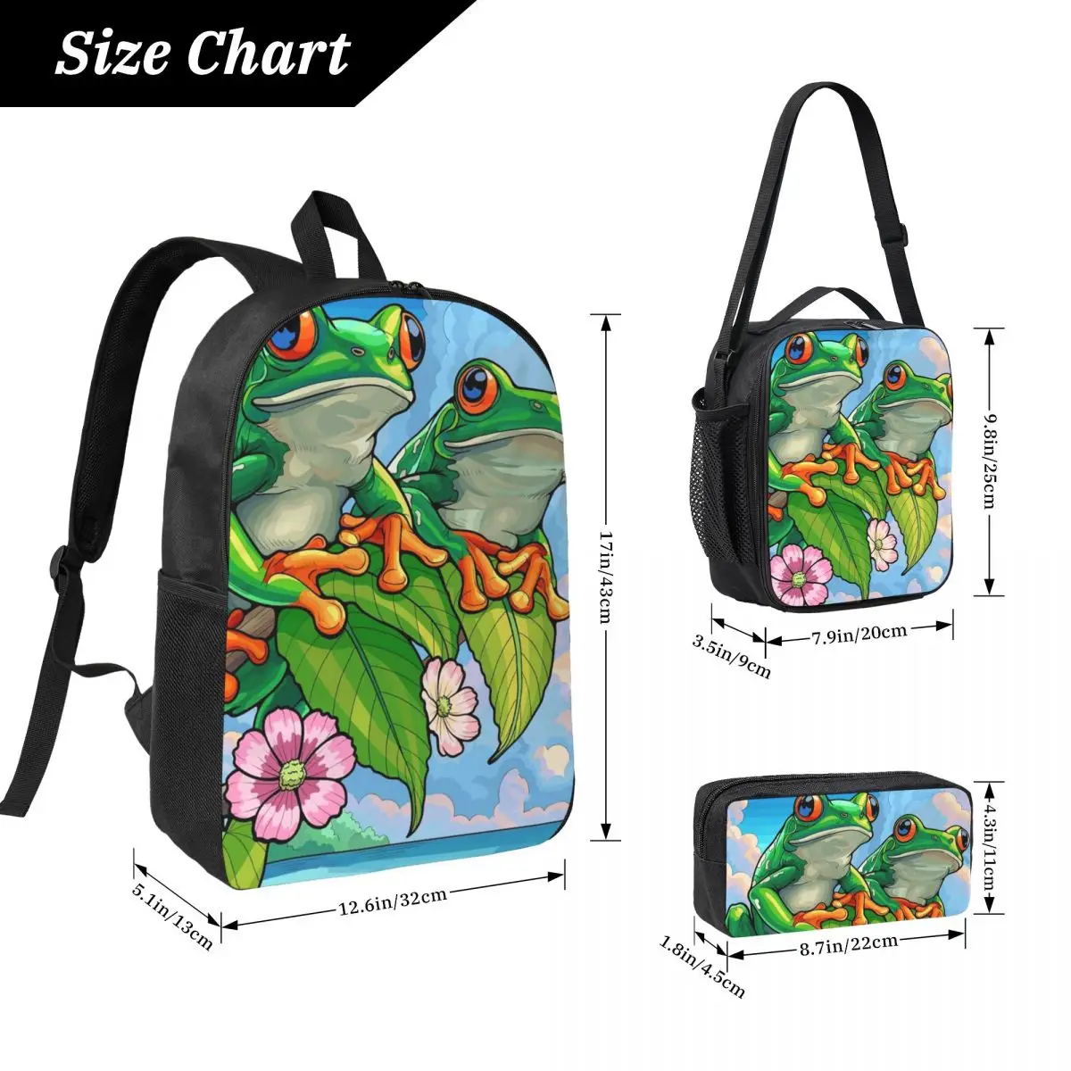 Cartoon Jungle Frogs Backpack Boys Girls BookBag School Bag Computer Shoulder Bags 3ps Insulated Lunch Bag Pencil Case