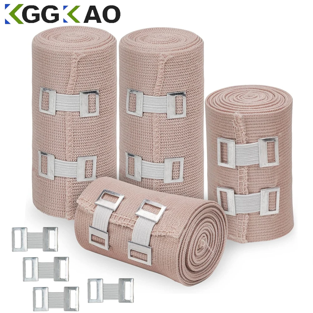 Bandage élastique rond, lot de 4 rouleaux de bandage de compression de qualité supérieure + 10 clips supplémentaires, 2 rouleaux de chaque taille (4 po et 3 po x 5 pieds)