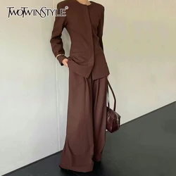 TWOTWINSTYLE Solid Two Piece Sets For Women Round Neck Long Sleeve Tunic Coat High Waist Wide Leg Pant Minimalist Set Female New